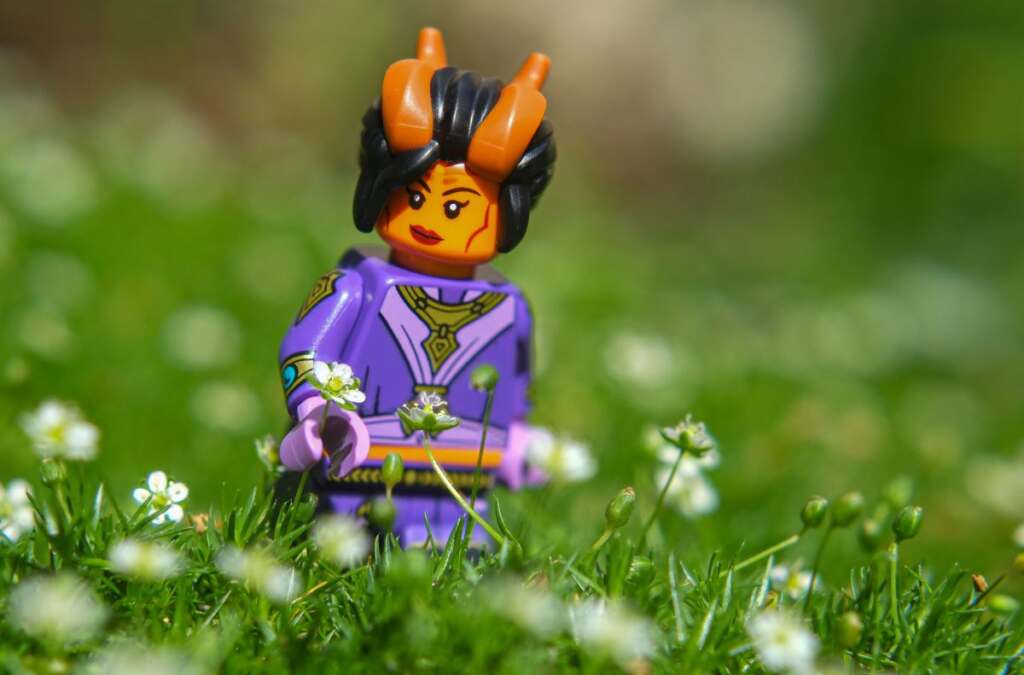 LEGO female Tiefling Sorcerer among flowers