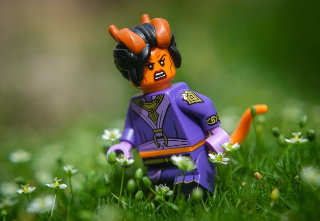 LEGO female Tiefling Sorcerer among flowers