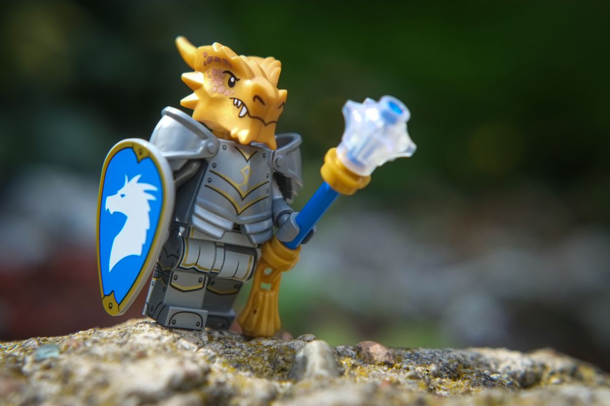 LEGO Dragonborn Paladin standong on the rock.