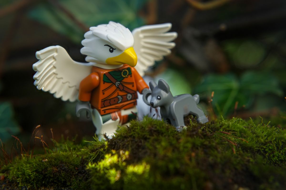 LEGO Aarakocra Ranger looking at puppy