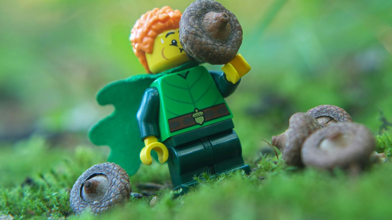 A forest elf LEGO minifigure starts inflating an acorn like a balloon.