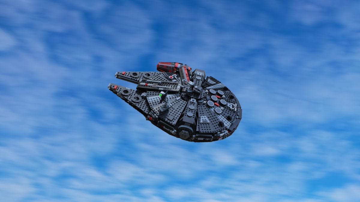 A LEGO 75389 Dark Falcon swooshing in the air