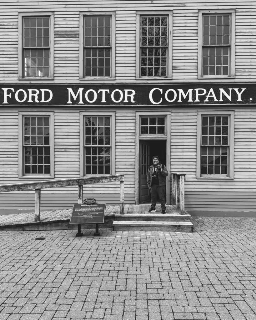 the perry adventures in front of the Ford Motor Company with the Lego Ford Model T